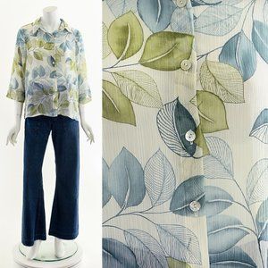 Leaf Print Shirt,Ombre Green Leaf Blouse,Semi Sheer Blouse,Gauzy White Blouse,Sh